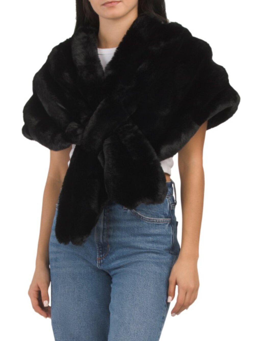 BELLE FARE Bevel Design Faux Rex Fur Pull Through Shrug